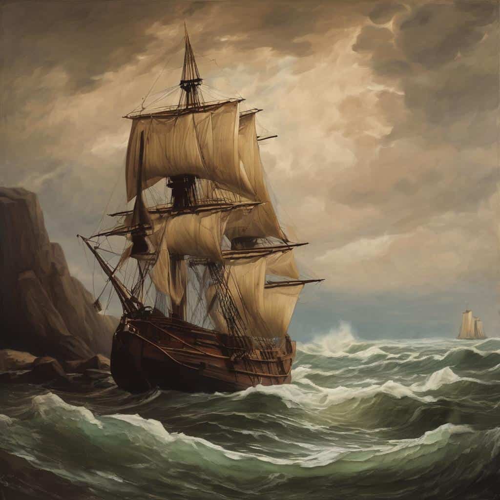 Παραδοσιακό πλοίο σε θάλασσα με μπλε και γκρι σύννεφα, χαρακτηριστικό έργο τέχνης με έμφαση στην αναγνωρισιμότητα και τεχνική.