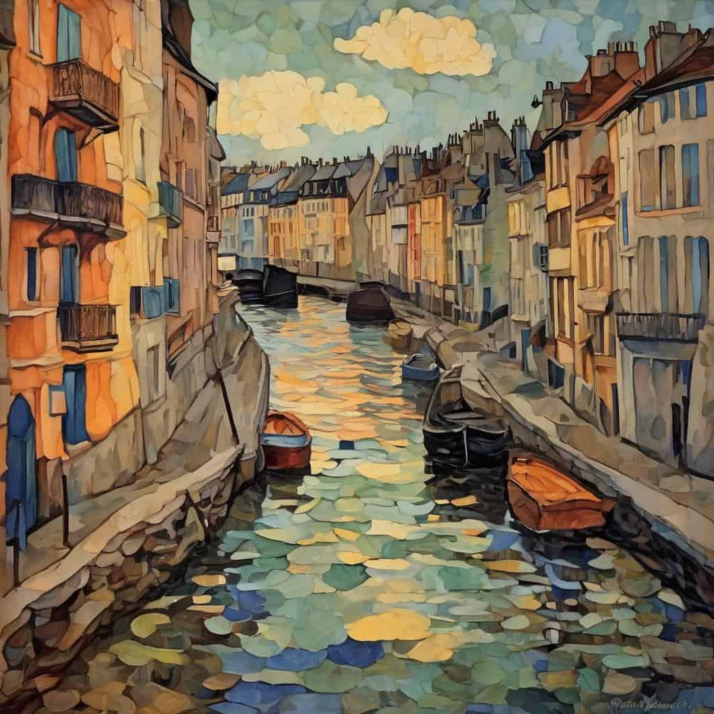 Ζωγραφική επιφάνεια με καλοκαιρινά σπίτια και κανάλι σε πολυμορφική τεχνική, παραδοσιακό σκηνικό για την αναγνώριση έργου τέχνης.