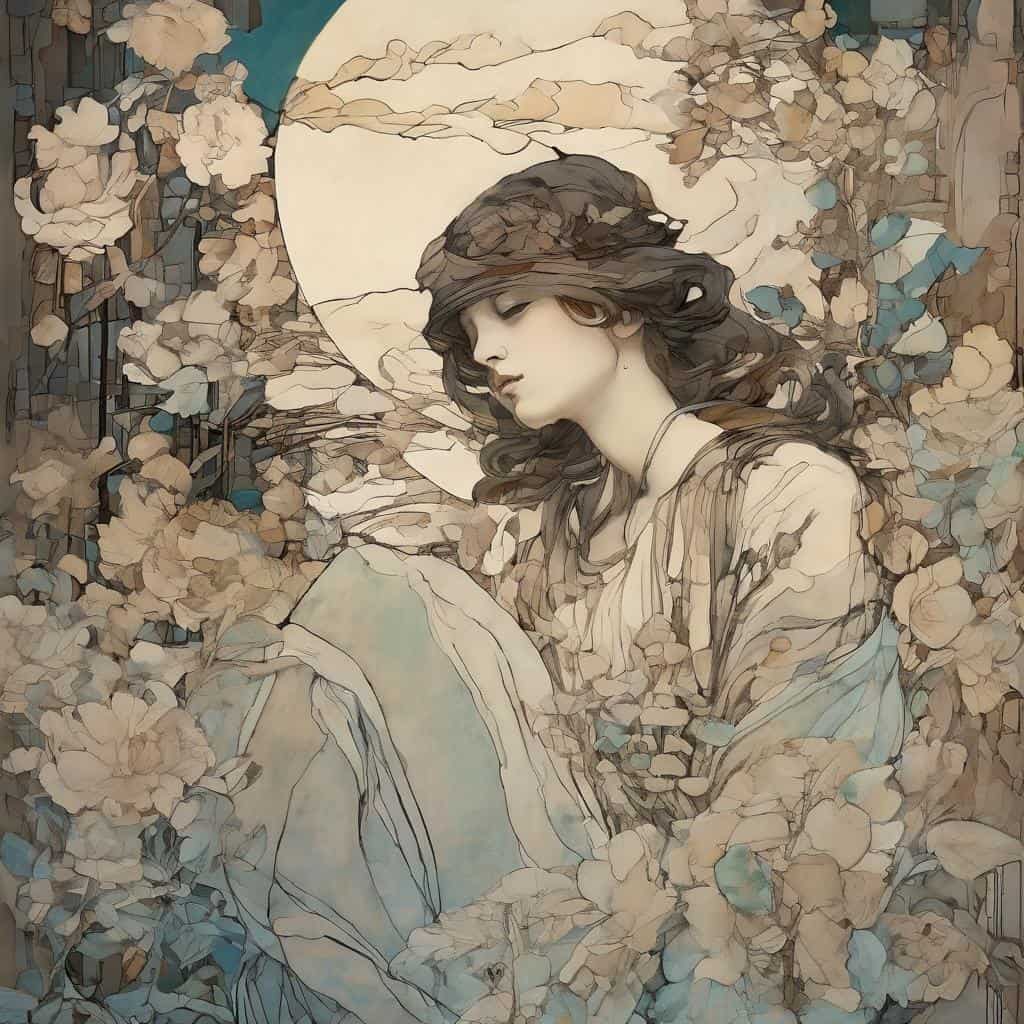 Γυναίκα με καστανά μαλλιά και ρομαντικά ρούχα ανάμεσα σε λουλούδια, τέχνη και ομορφιά, σχεδίαση και τέχνη, διάλογος με τέχνη, τέχνη και φύση, ψυχική εσωτερική ομορφιά, πνευματικό και καλλιτεχνικό στοιχείο.