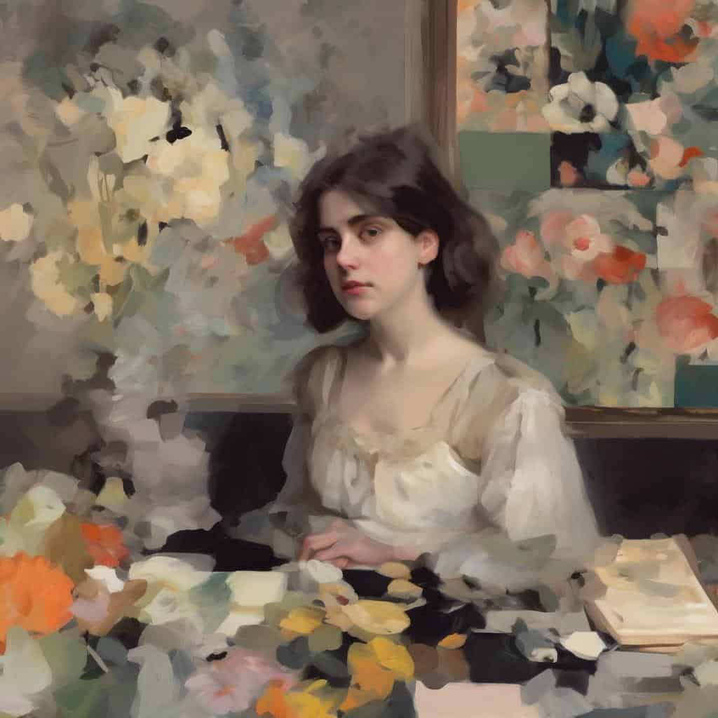 Μοντέλο γυναίκας σε εσωτερικό χώρο με έργα τέχνης και λουλούδια, σε ρεαλιστικό και εντυπωσιακό στυλ, για αναγνώριση και ανάλυση έργων τέχνης.
