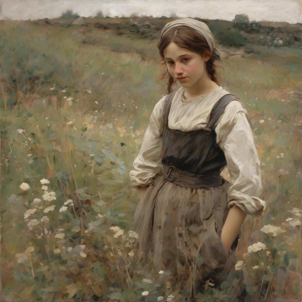 Ριζόχαρτο, νεαρή κοπέλα σε αγρόκτημα, ρεαλιστική ζωγραφική, έργο τέχνης με φυσικό τοπίο, πορτρέτο κοριτσιού, παραδοσιακή ενδυμασία, ατμοσφαιρική ζωγραφική, τέχνη με εστίαση στη φύση και το ανθρώπινο στοιχείο, κλασική ρεαλιστική απεικόνιση.