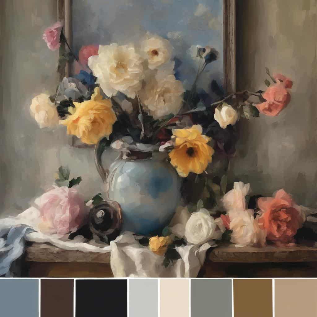Λιτό πίνακα με πολύχρωμα τριαντάφυλλα σε βάζο, ζωγραφική με έμφαση στην αντίθεση χρωμάτων και την αρμονική σύνθεση, ιδανικό για αναγνώριση έργου τέχνης και καλλιτεχνική ανάλυση.